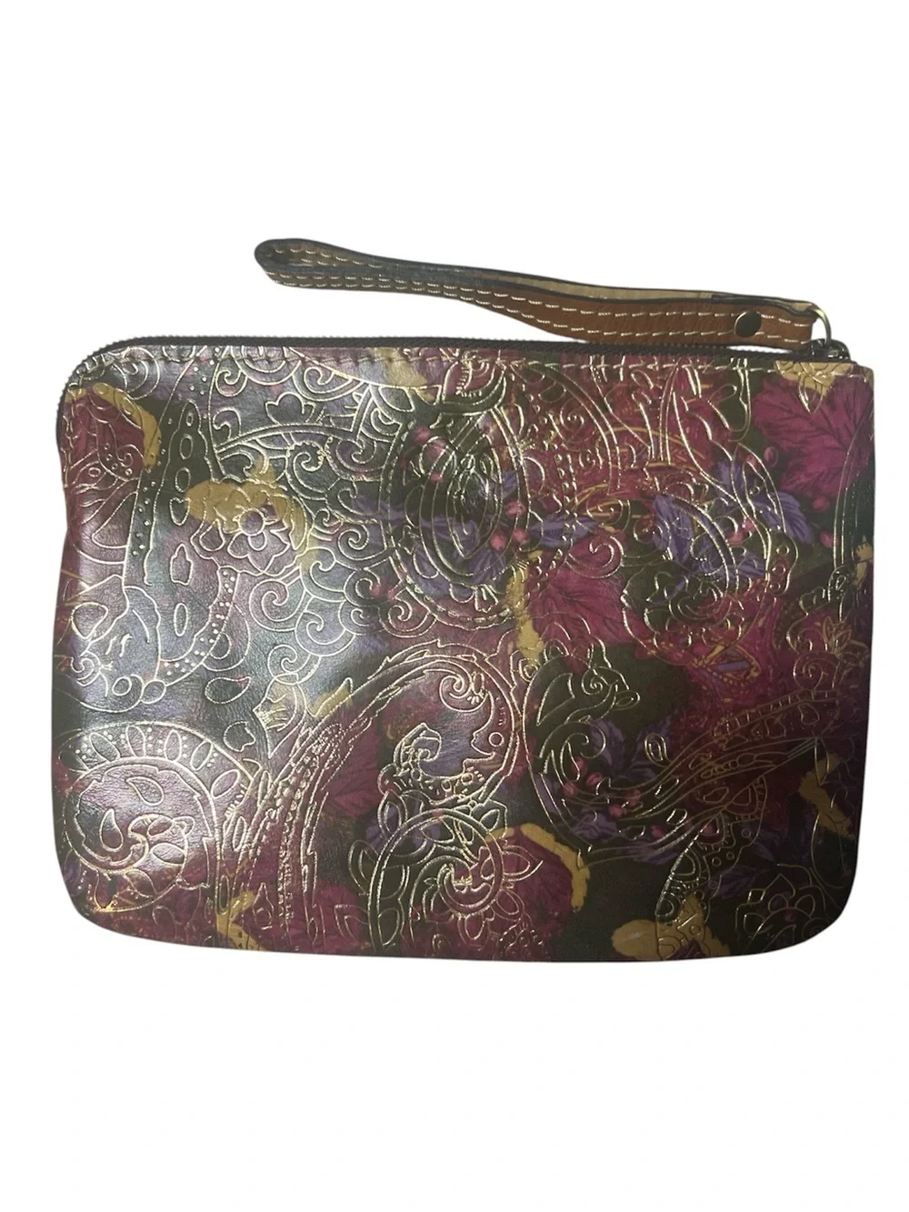 Patricia Nash Metallic Paisley Floral Embossed Leather Wristlet Pouch